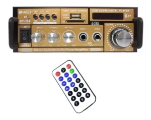 Mini Amplificador Som Audio Bluetooth Usb Mp3 Fm Karaoke Cor Dourado É Bom